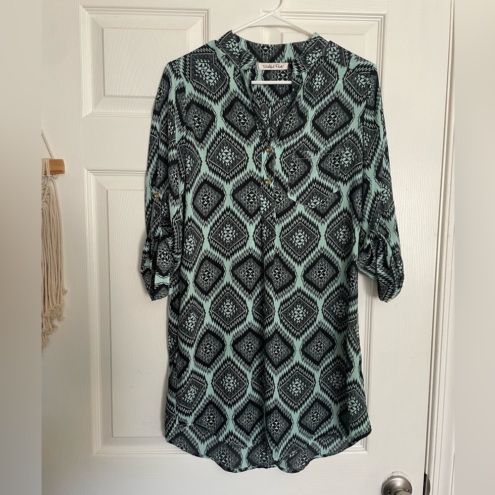 Wishful Park Women’s Medium Mint Black Geometric Shirt Mini Dress